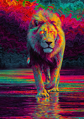 Psychedelic Neon Lion Walking Reflection