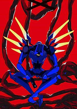 Blue Robot Sitting Amidst Red Tendrils
