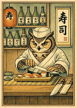Owl Sushi Chef Making Sushi