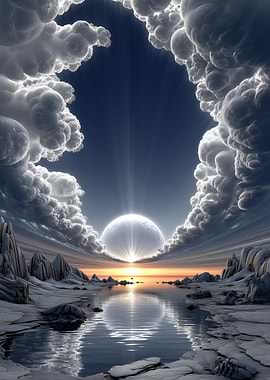 Alien Planet Sunrise Over Icy Lake