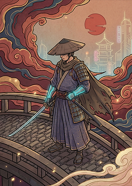 Cyberpunk Samurai on a Bridge
