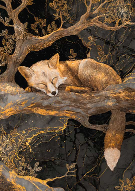 Golden Fox Sleeping On Tree Branch