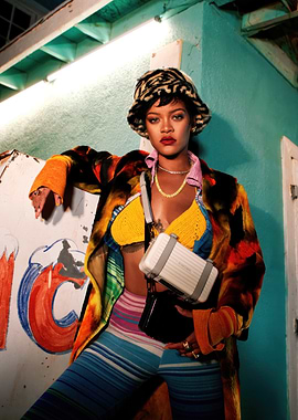 Rihanna in colorful outfit and bucket hat