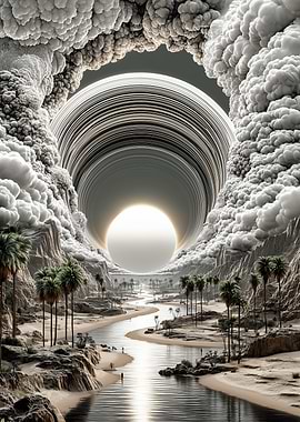 Surreal Desert Oasis with Cosmic Portal