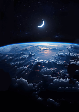 Crescent Moon Over Earth Clouds