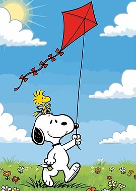 Snoopy and Woodstock flying a kite