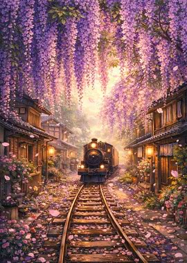 Train passing through wisteria tunnel