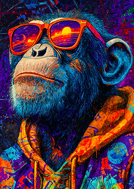 Vibrant Cool Chimp Street Art Portrait
