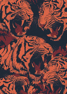 Aggressive Tigers Roaring Pattern