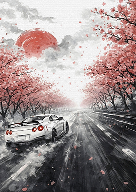 Car Driving Through Cherry Blossoms