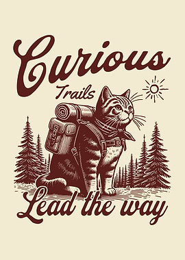 Curious Cat Hiking Wall Art, Vintage Adventure Cat Poster, Backpack Cat Illustration Nature Decor