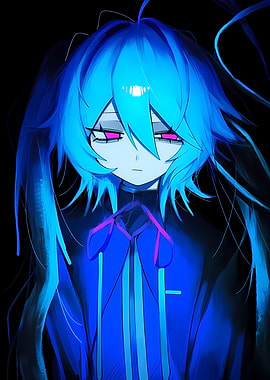 Blue Haired Anime Girl with Pink Eyes