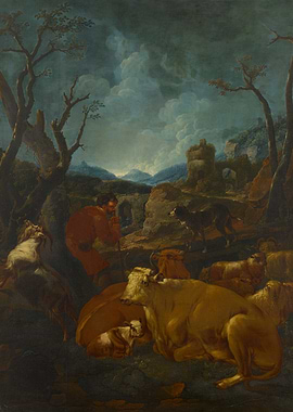 Shepherd with Flock in Ruined Landscape