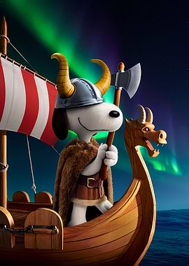Snoopy as a Viking on a Ship