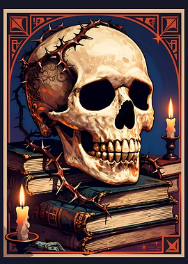 Skull with Thorns on Old Books Gothic Art