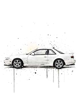 White Sports Car Watercolor Splash Art