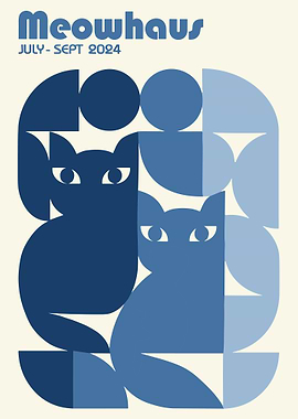 Meowhaus Poster, Vintage Geometric Cats Art, Bauhaus Inspired July-Sept 2024 Print
