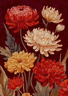 Mosaic Chrysanthemums on Dark Red Background