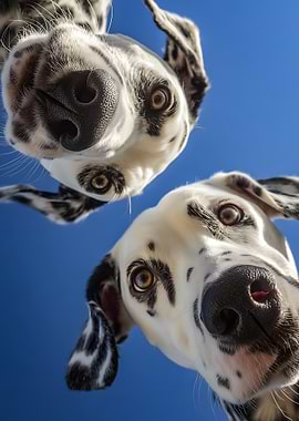 Two Dalmatians looking down