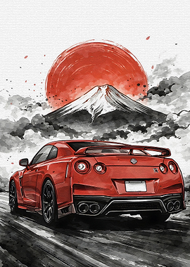 Red Nissan GT-R with Mount Fuji