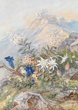 Alpine Flowers with Mountain Background