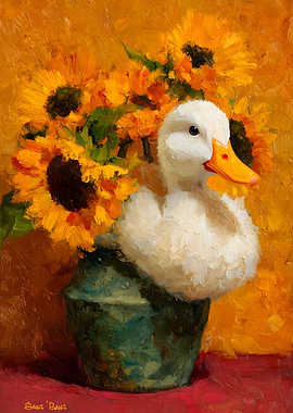 Duckling with Sunflowers in a Vase