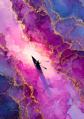 Lone Rowboat Purple Gold Kintsugi River