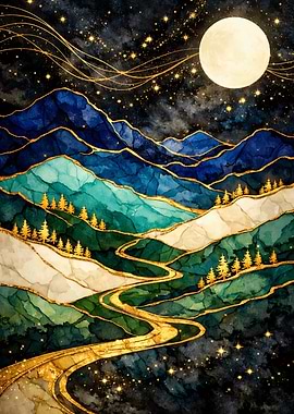 Enchanted Night Landscape with Moon and Stars