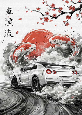 Drifting Car with Koi Fish and Cherry Blossoms