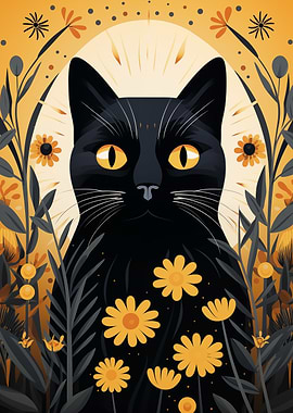 Black Cat Surrounded by Yellow Flowers