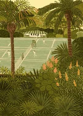 Tropical Tennis Court Scene