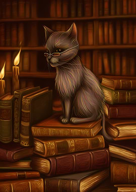 Cat in a Library with Candles
