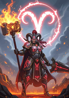 Warrior with Fiery Hammer and Aries Symbol