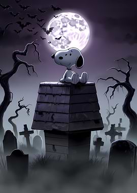 Snoopy on dog house in spooky graveyard