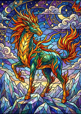 Stained Glass Dragon on Mountains