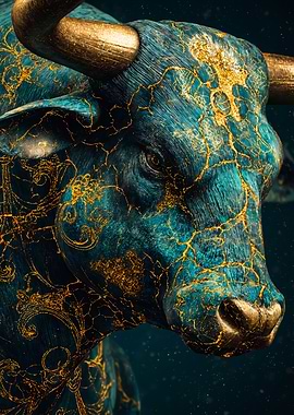 Ornate Golden Bull Teal Kintsugi