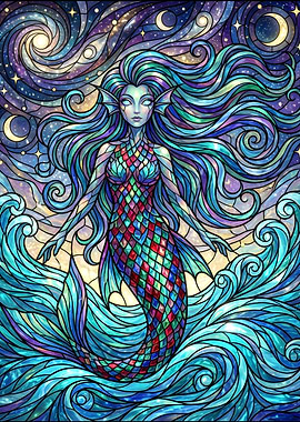 Stained Glass Mermaid in Cosmic Sea