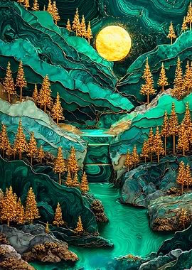 Emerald Green Gold Mountain Landscape