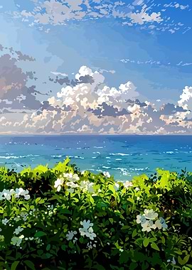 Ocean view with flowers and clouds