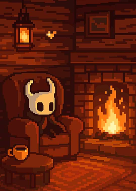 Hollow Knight Character by Fireplace