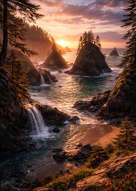 Dramatic Coastal Sunset with Waterfalls