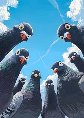 Pigeons looking up at the sky