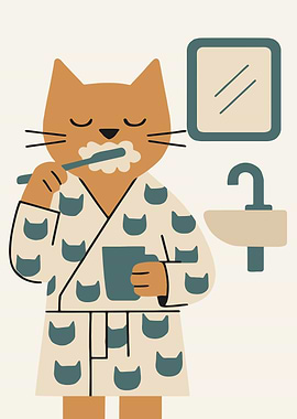 Cat Brushing Teeth in Robe