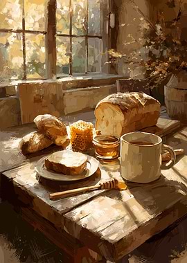 Rustic Breakfast with Bread and Honey