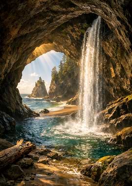 Cave Entrance Waterfall Ocean View