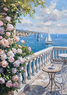 Balcony View of Sailboats and Roses