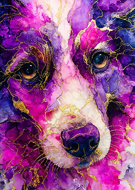 Purple Dog Portrait Gold Kintsugi Art