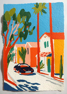 Colorful Street Scene with Car and Houses