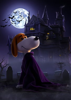 Halloween Dog in Front of Haunted Mansion