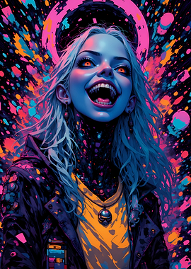 Vampire Girl with Neon Splatter Background